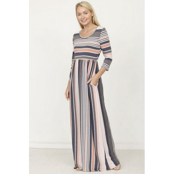 3/4 Sleeve Vintage Stripe Maxi Dress