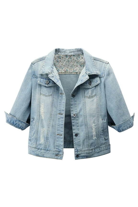 3/4 Sleeve Vintage Washed Women Cropped Denim Jacket Ripped Button Down Lapel Slim Short Jean Coat