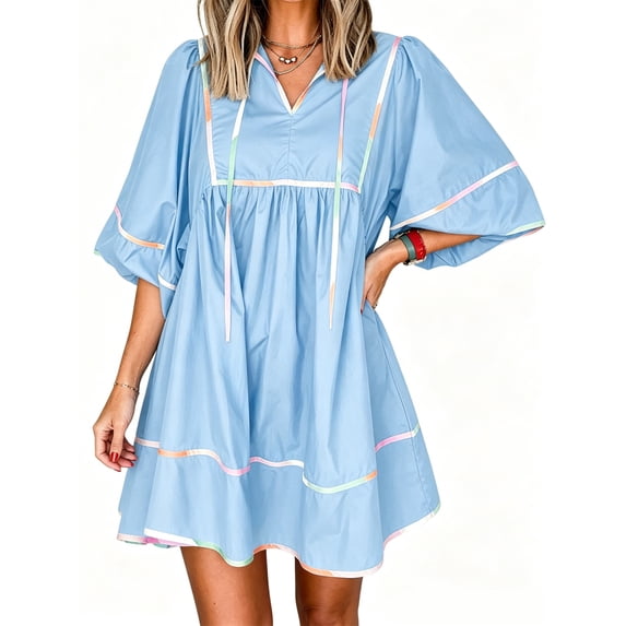 3/4 Sleeve Women High Waist Patchwork Loose Mini Babydoll Dress