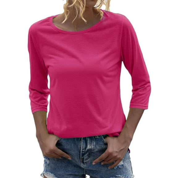 3/4 Sleeve Women Round NeckSolid Casual Basic Tops T Shirt