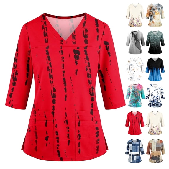3/4 Sleeve Women's Scrubs Plus Size Wrinkle-Resist Nurse Uniforms Trendy V Neck Striped Side Slits Scrub Tops Ultra Soft Tees Blouse with Pockets Wine L