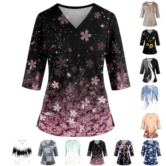 3/4 Sleeve Women's Scrubs Plus Size Wrinkle-Resist Nurse Working Uniforms Fashion V Neck Floral Print Side Slits Scrub Shirt Ultra Soft Tees Blouse with Pockets Pink XL