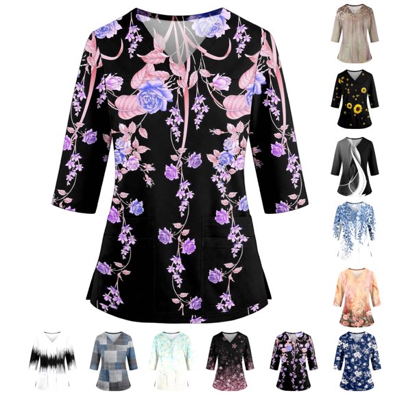 3/4 Sleeve Women's Scrubs Plus Size Wrinkle-Resist Nurse Working Uniforms Trendy V Neck Floral Print Side Slits Scrub Tops Ultra Soft Medical Workwear with Pockets Purple Pink S