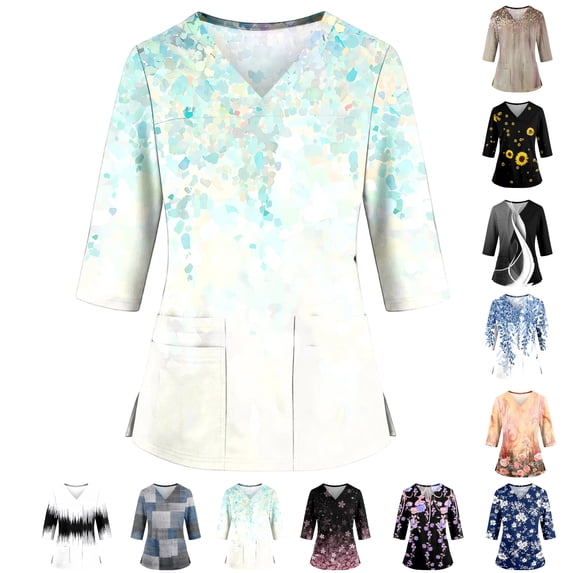 3/4 Sleeve Women's Scrubs Premium Vintage Nurse Working Uniforms Trendy V Neck Floral Print Side Slits Scrub Tops Ultra Soft Medical Workwear with Pockets Green 5XL