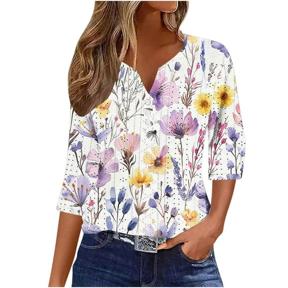 3/4 Sleeve Womens Flower Tops, Casual Button V-Neck Summer Eyelet Shirts Loose Fitting Tunic Blouses Multicolor M