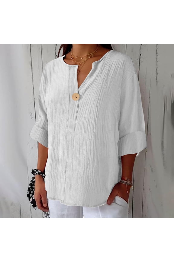 3/4 Sleeve Womens Gauze Top Button Henley V-Neck Loose Fit Lightweight Breathable Pullover Blouse