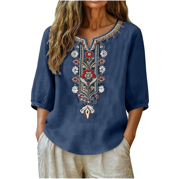 3/4 Sleeve Womens Linen Tops Summer Cotton Linen V Neck Floral Embroidered 3/4 Length Sleeve T Shirts Women's Casual Solid Lightweight Comfy Short Sleeve Shirt