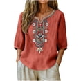 thumbnail image 1 of 3/4 Sleeve Womens Linen Tops Summer Cotton Linen V Neck Floral Embroidered 3/4 Length Sleeve T Shirts Women's Casual Solid Lightweight Comfy Short Sleeve Shirt, 1 of 7