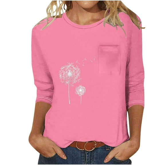 3/4 Sleeve Womens T-shirts Crew Neck Dandelion Tee Shirts for Women with Chest Pocket Casual Summer Tops