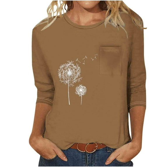 3/4 Sleeve Womens T-shirts Crew Neck Dandelion Tee Shirts for Women with Chest Pocket Casual Summer Tops