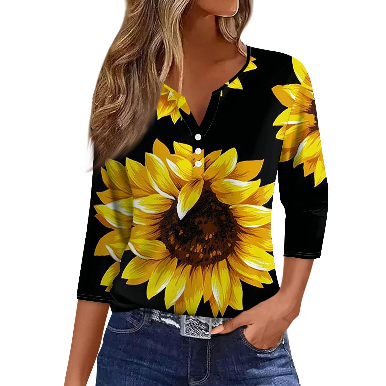 3/4 Sleeve Womens Tops Casual Loose Fit Henley Neck Shirts Cute Print