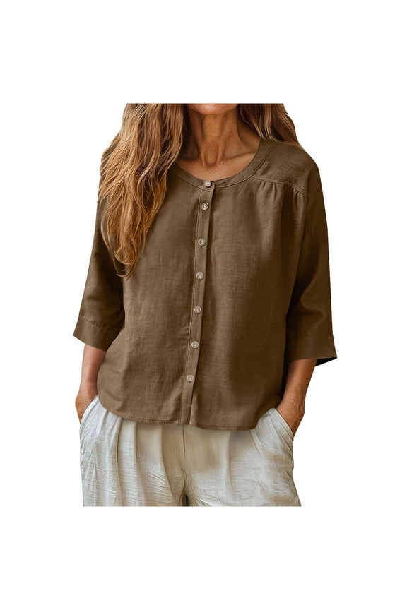 3/4 Sleeve Womens Tops Cotton Linen Button Up Shirts Loose Casual Beach Blouses Crewneck Summer Clothes (M, Brown)