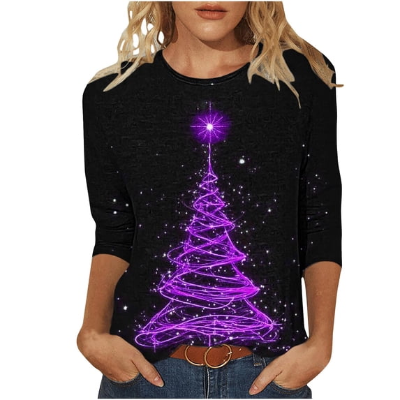 3/4 Sleeve Womens Tops Plus Size Christmas Outfits Xmas Tree Printed Graphice Ttee Shirt Crew Neck Holiday Tshirts (S, Black 02)