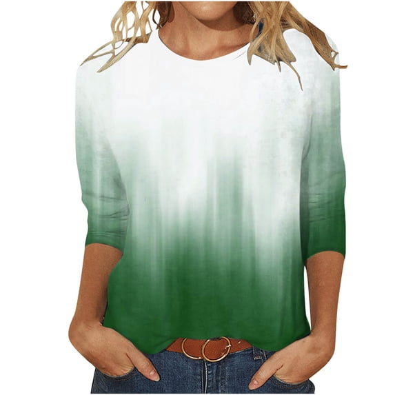 3/4 Sleeve Womens Tops Plus Size Crew Neck Color Block Patchwork Tunic Basic Tee Spring Lightweight Casual Blouses(Green,XXL)