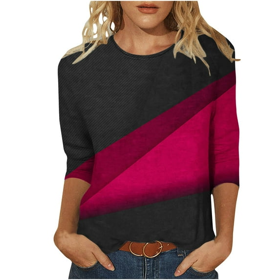 3/4 Sleeve Womens Tops Plus Size Crew Neck Color Block Patchwork Tunic Basic Tee Spring Lightweight Casual Blouses(Multicolor,XL)