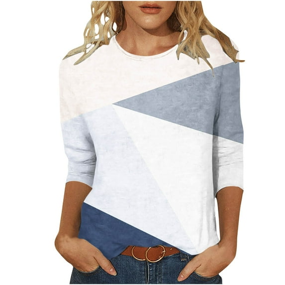 3/4 Sleeve Womens Tops Plus Size Crew Neck Color Block Patchwork Tunic Basic Tee Spring Lightweight Casual Blouses(Multicolor,XXL)