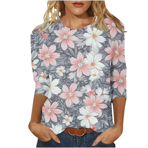 3/4 Sleeve Womens Tops Summer 2025 T-Shirts Floral Crewneck Casual Basic Tee Fit Tunic Tops Blouses