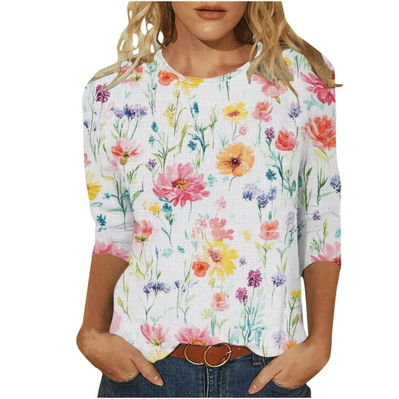 3/4 Sleeve Womens Tops Summer 2025 T-Shirts Floral Crewneck Casual Basic Tee Fit Tunic Tops Blouses