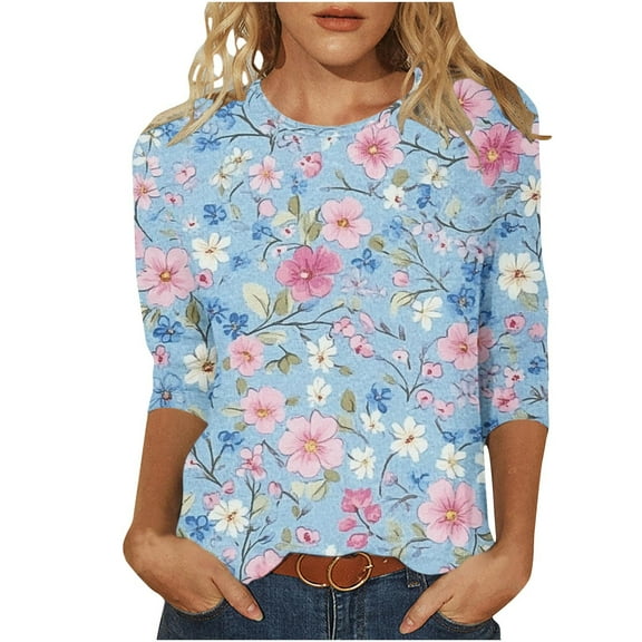 3/4 Sleeve Womens Tops Summer 2025 T-Shirts Floral Crewneck Casual Basic Tee Fit Tunic Tops Blouses