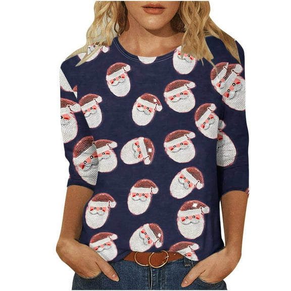 3/4 Sleeve Xmas Tops Christmas Shirts for Women Tunic Blouses Xmas Tree Cute Print Tops Crew Neck Graphic Tees S-5XL