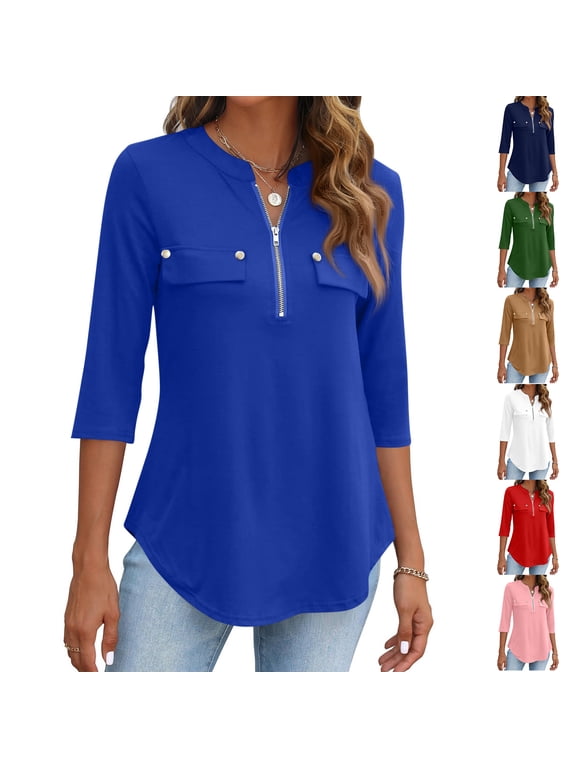 3/4 Sleeve Zipper Neck Tunic Top for Women, Button Detail Mock Pocket Blouse with Curved Hem - Loose Fit Casual Fall Spring Shirt Green S