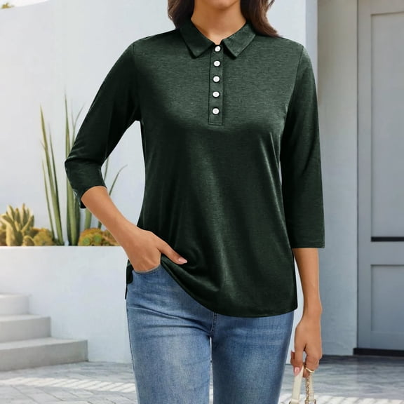 3/4 Sleeves V Neck Polo Shirts Womens Casual Summer Tops Basic Collar Cute Tees Dark Green 3XL