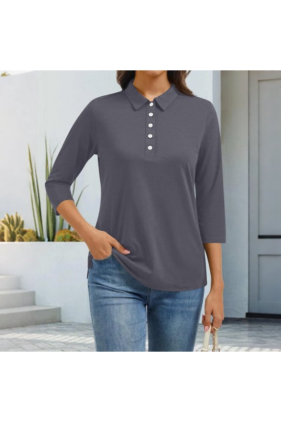 3/4 Sleeves V Neck Polo Shirts Womens Casual Summer Tops Basic Collar Cute Tees Gray 2XL