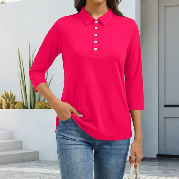 3/4 Sleeves V Neck Polo Shirts Womens Casual Summer Tops Basic Collar Cute Tees Hot Pink XL