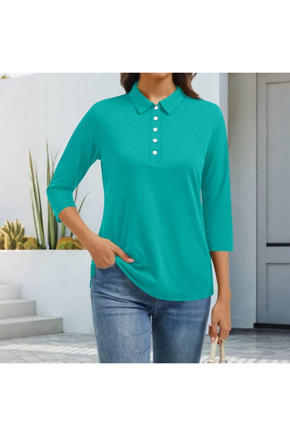 3/4 Sleeves V Neck Polo Shirts Womens Casual Summer Tops Basic Collar Cute Tees Turquoise S
