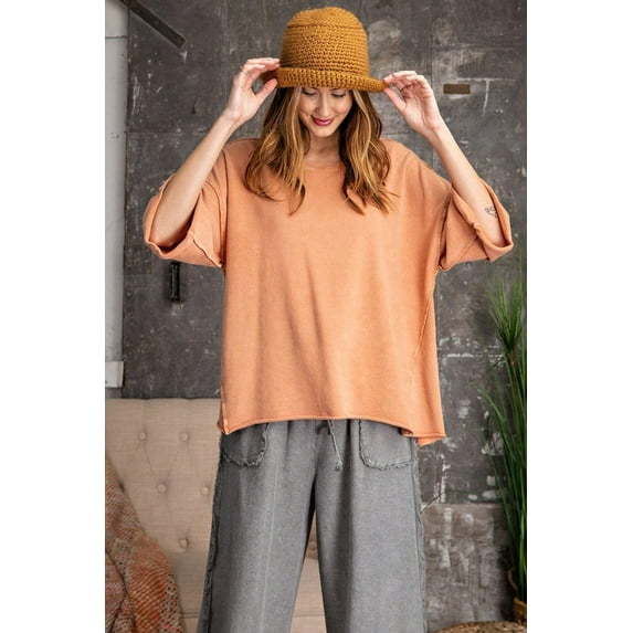 3/4 Slvs Mineral Washed Terry Knit Boxy Top