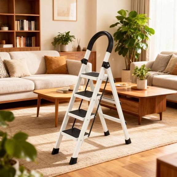 3/4 Step Heavy-Duty Ladder with Handrail - Portable Kitchen Foldable Step Stool with Safety Locks & Slip-Resistant Feet Pads, 330 lbs Load Capacity, Multi-Functional Ladder Shelf for Home Use