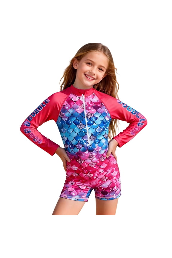 3-4 T Bathing Suit For Girls Girls Long Sleeve Sun Protective Swimwear Scale Print Rash Guard and Swim Shorts Set for Hot Weather