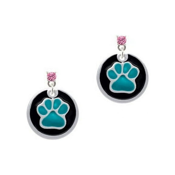 3/4'' Teal Paw in Black Circle - Hot Pink Crystal Post Earrings