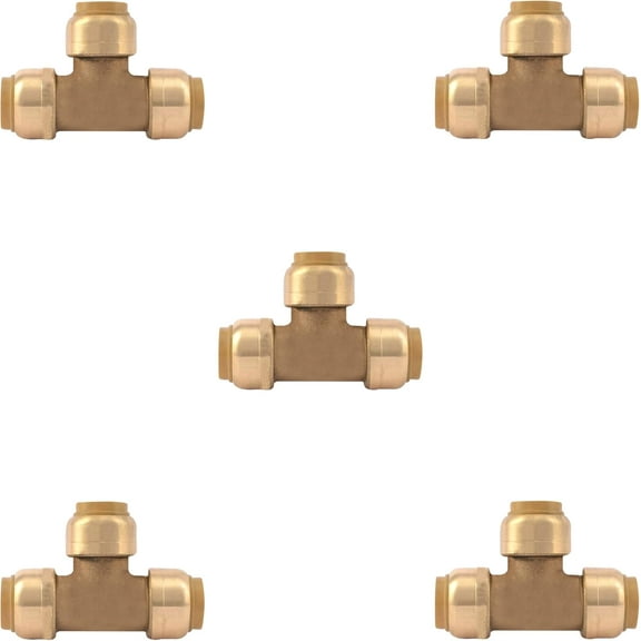 3/4" Tee - Push Fit Plumbing Tee - Push to Connect Brass Plumbing Fittings - Fitting to Connect PEX, Copper, CPVC (Pack of 5)