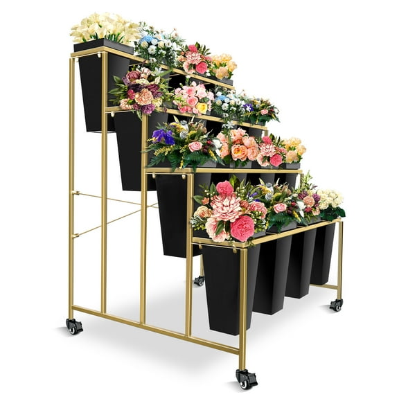 3-4 Tier Black/White/Gold Heavy-Duty Metal Flower Stand, Flower Cart Shelf Equipped with 12/16 Square/Round Buckets, All-Purpose Plant Display Cart with Movable Wheels for Clubs, Homes