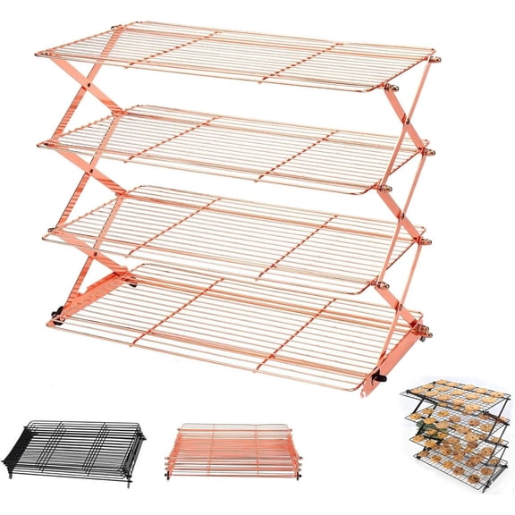 3/4-Tier Collapsible Cooling Rack with Adjustable 3 4 Tiers Rose Gold Folding Cooling Grid Adjustable Stackable Roasting Cooking Drying Wire CoolingRack for Cookies Baking