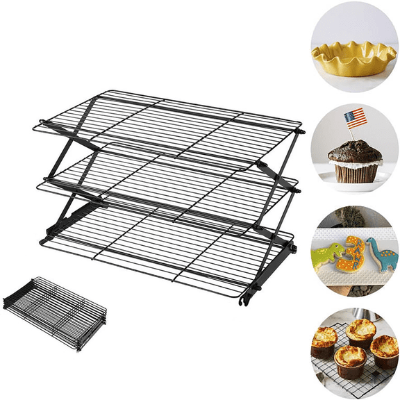 3/4-Tier Collapsible Cooling Rack, Adjustable Stackable Wire Rack with Stable X-Leg Design, Upgraded Baking Supplies for Cooking, Cakes, Roasting & Drying, Gifts for Women black