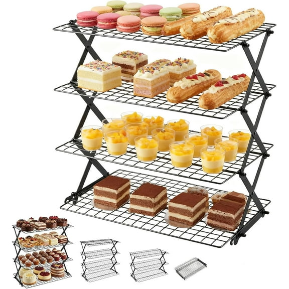 3/4-Tier Collapsible Cooling Rack, Expand to Bake, Collapse to Save Space, Adjustable Wire Racks, for Cooking Bakers, Roasting, Party (4 Tiers)