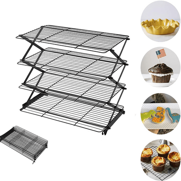 3/4-Tier Collapsible cooling racks for cooking and baking, Adjustable Stackable Wire Rack, Stable X-Leg Design for Roasting, Drying & Cookies, Upgraded Baking Supplies black