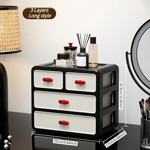 3-4 Tier Storage Box with Drawers & Red Handles – Plastic Cosmetics Organizer for Vanities, Wardrobes & Bathroom Countertops – Stackable Desktop Organizer for Skincare, Perfume & Toiletries