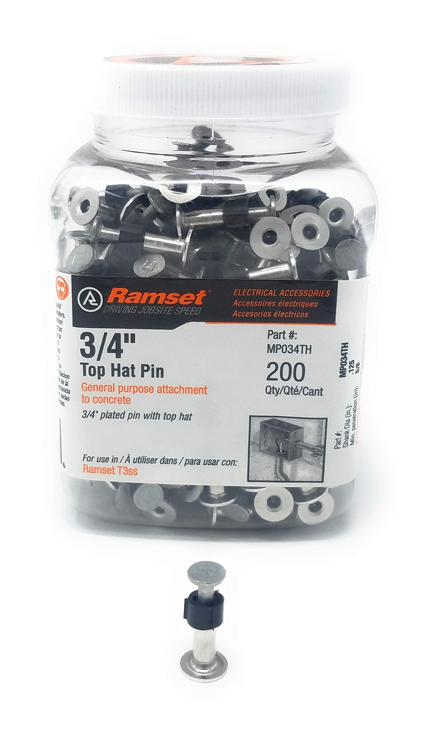 3/4" Top Hat Pin For Ramset T3SS, E150/T150, R150, Others (200 Pack) ~ MPO34TH