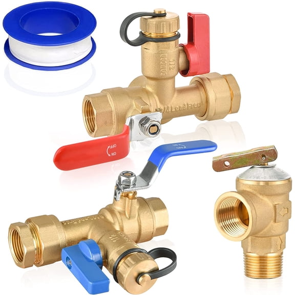 3/4" Water Heater Service Valve Kit IPS Isolator Tankless with Pressure Relief Valve, Clean Brass Construction