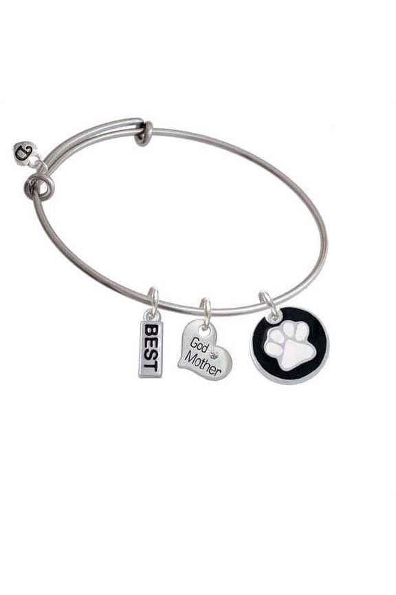 3/4'' White Paw in Black Circle God Mother Heart Expandable Bangle Bracelet