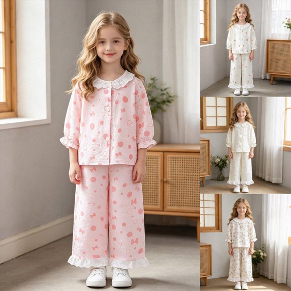 3-4 Years Child Toddler Baby Girl Outfit Print Long Sleeve Ruffle Sweatshirt Pants Set 2Pcs Infant Spring Clothes Girls Home Sleepwear Set
