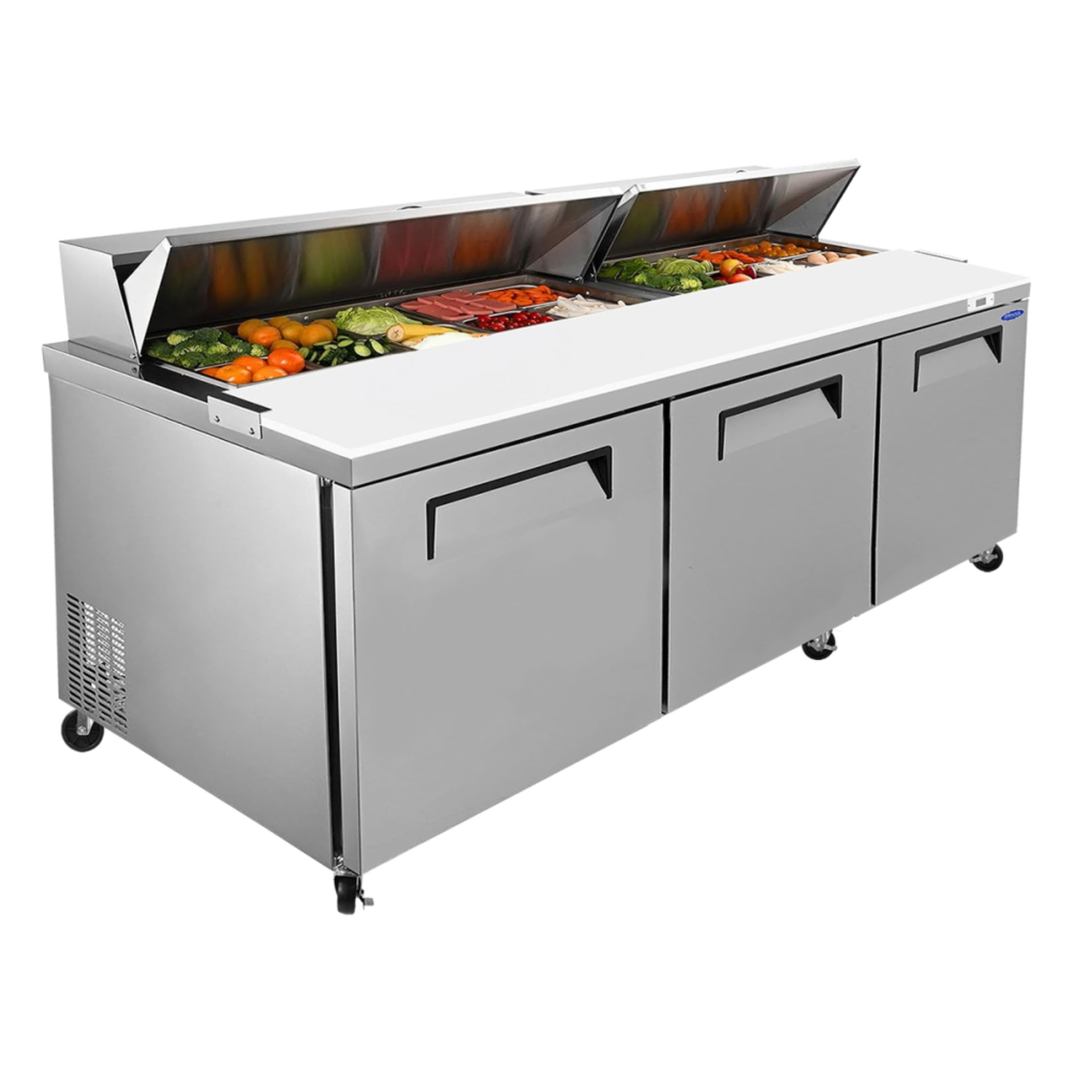3-4 chefs to work ,72 IN Commercial Refrigerators Sandwich&Salad Prep Table with a Butcher Block Cutting Board, Protection Lid, Cold Storage, ETL Certified(LTL carry)