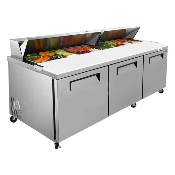 3-4 chefs to work ,72 IN Commercial Refrigerators Sandwich&Salad Prep Table with a Butcher Block Cutting Board, Protection Lid, Cold Storage, ETL Certified(LTL carry)