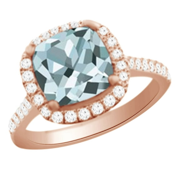 AFFY (3.4 cttw) Simulated Blue Aquamarine & White Natural Diamond Halo Engagement Wedding Ring In 14 Rose Gold With, Ring Size 9