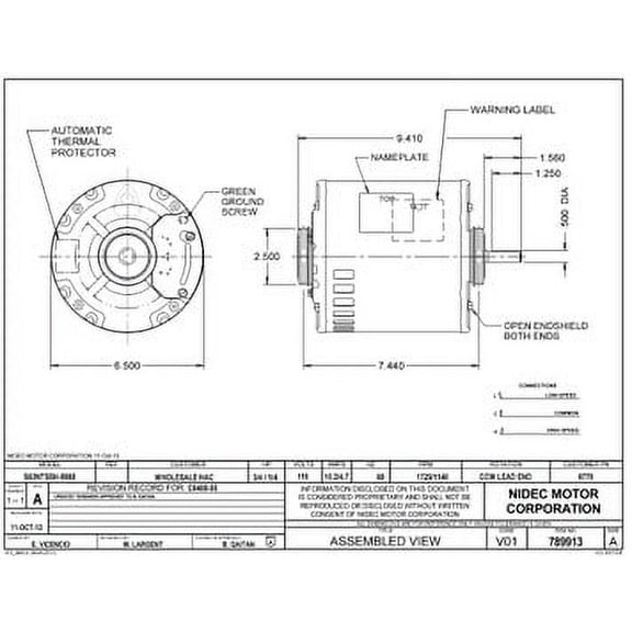 3/4 hp 1725/1140 RPM 2-Speed 115V; 6.5" Evaporative Cooler Motor Nidec # 6770