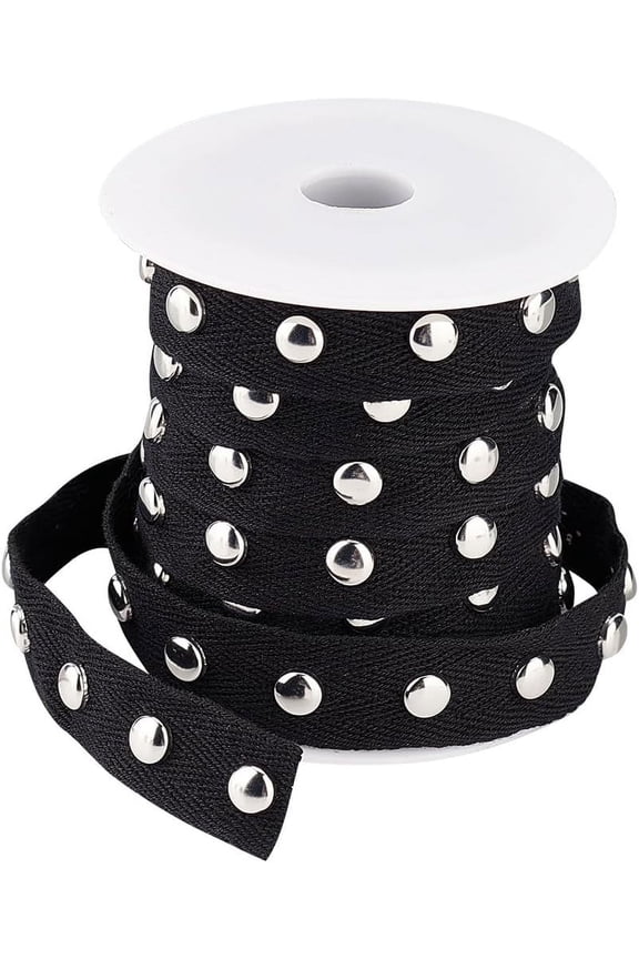 3/4 inch Black Cotton Ribbon with Studs 10 Yards Necklace Cord Cords Strip Lace Rope Cotton Trim Beading String Cord with Silver Punk Rivet
