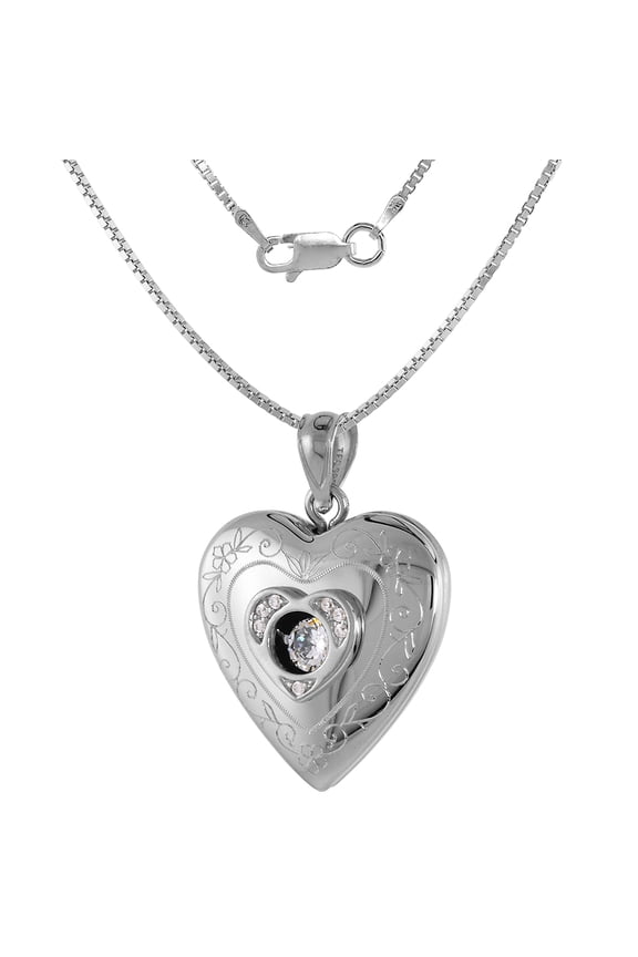 3/4 inch Round Sterling Silver Cubic Zirconia Dancing Diamond Heart Locket Necklace for Women Scroll Etching 18 inch BX_24
